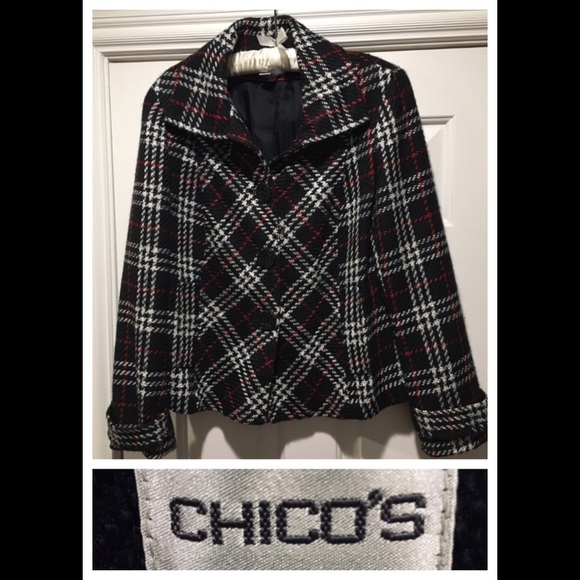 Chico’s Black/Red/White Plaid Lined Coat Size 1 (US Medium/8) - Picture 2 of 16